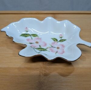 Vintage Lefton Bone China, Hand Painted Pink Dogwood, Leaf Shape Trinket Dish